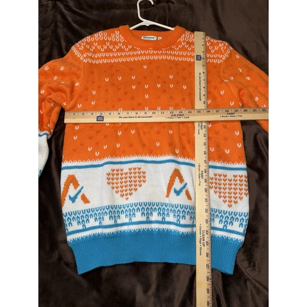 ROODY  Mens Orange Teal Christmas Winter Sweater Crewneck Pullover Hearts Checks